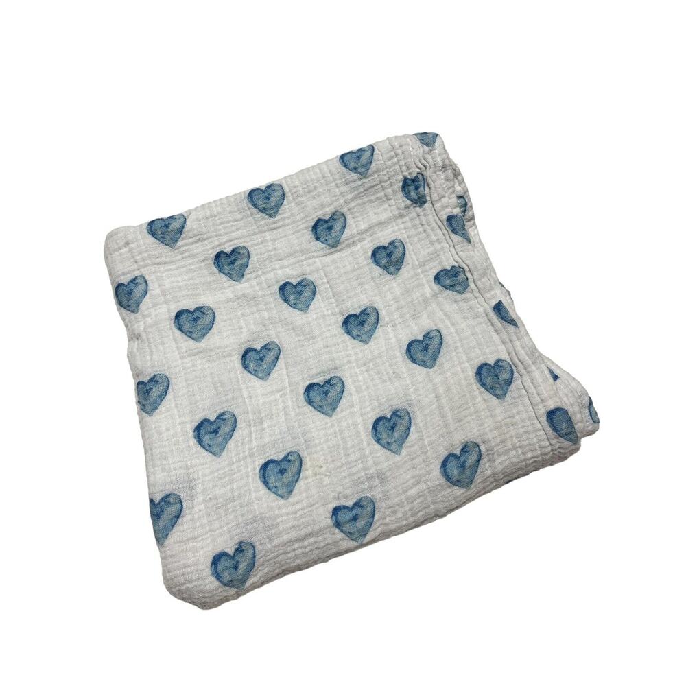 Bebe Au Lait Blue Watercolor Heart Muslin Swaddle Baby Blanket Pure & Simple